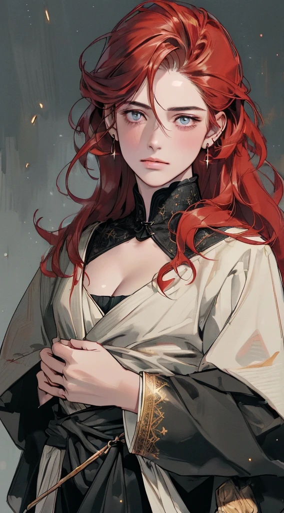 (((8K, RAW photos, Best quality, tmasterpiece: 1.4))), Ultra-high resolution, ultra - detailed, lamplight, Close-up cleavage, Handsome men, gold eyes, (Detailed eyes, The eyes are bright:1.2), (Medium long red hair), pale-skinned, ear piercings, dark, Blackn clothes, Meticulous clothes, gold accessories on clothes, (perfect anatomia:1.2), Highqualityshadow,  natural  lightting, (White highlights:1.2), natta, overcast day, (starrysky:1.2)