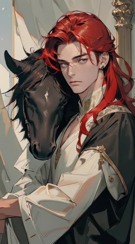 (((8K, RAW photos, Best quality, tmasterpiece: 1.4))), Ultra-high resolution, ultra - detailed, lamplight, Close-up cleavage, Handsome men, gold eyes, (Detailed eyes, The eyes are bright:1.2), (Medium long red hair), pale-skinned, ear piercings, dark, Blackn clothes, Meticulous clothes, gold accessories on clothes, (perfect anatomia:1.2), Highqualityshadow, natural lightting, (White highlights:1.2), natta, overcast day, (starrysky:1.2)
