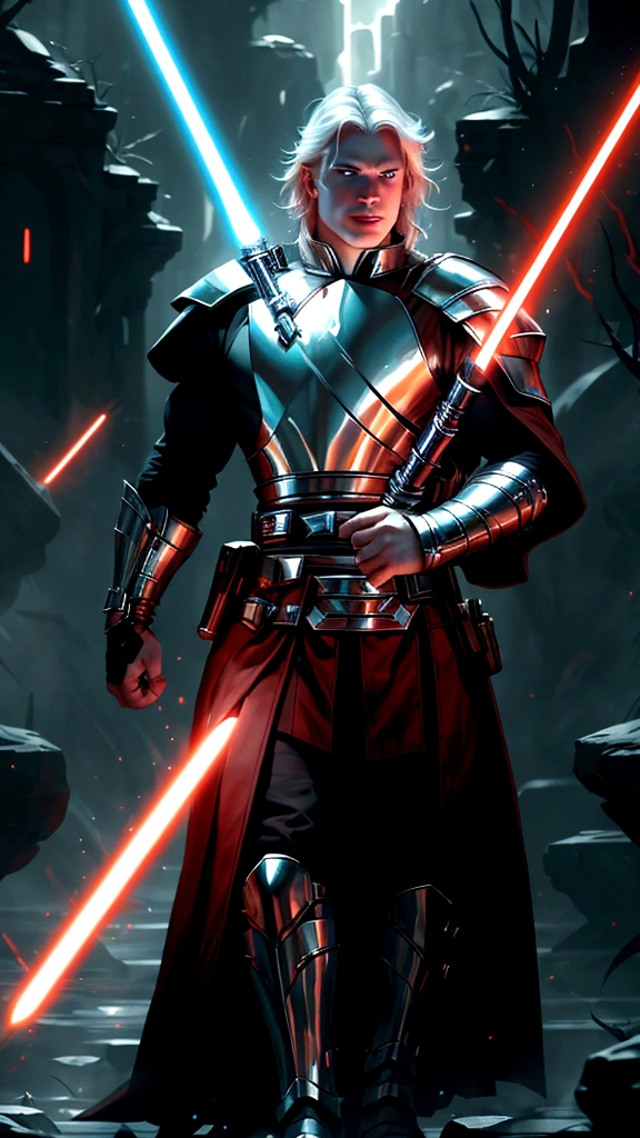 a 20 year old Albino of Anglo-Saxon descent with a pure white complexion and a smile, burly brawny Physique with only 3 fingers on both hands, Albino long hair with thick eyebrows and white eyes, holding his thick twohanded Greatsword lightsaber with red lightning around it, black half armor with leather accents, foggy day walking in a lush battlefield, tense atmosphere, (correct body proportions:1), (solo:1).