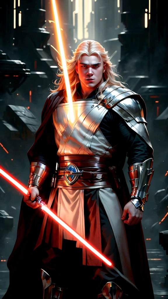 a 20 year old Albino of Anglo-Saxon descent with a pure white complexion and a smile, burly brawny Physique with only 3 fingers on both hands, Albino long hair with thick eyebrows and white eyes, holding his thick twohanded Greatsword lightsaber with red lightning around it, black half armor with leather accents, foggy day walking in a lush battlefield, tense atmosphere, (correct body proportions:1), (solo:1).