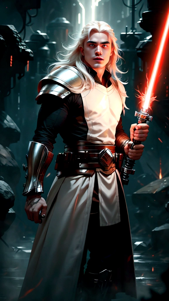 a 20 year old Albino of Anglo-Saxon descent with a pure white complexion and a smile, burly brawny Physique with only 3 fingers on both hands, Albino long hair with thick eyebrows and white eyes, holding his thick twohanded Greatsword lightsaber with red lightning around it, black half armor with leather accents, foggy day walking in a lush battlefield, tense atmosphere, (correct body proportions:1), (solo:1).