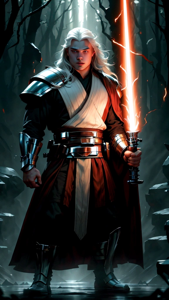 a 20 year old Albino of Anglo-Saxon descent with a pure white complexion and a smile, burly brawny Physique with only 3 fingers on both hands, Albino long hair with thick eyebrows and white eyes, holding his thick twohanded Greatsword lightsaber with red lightning around it, black half armor with leather accents, foggy day walking in a lush battlefield, tense atmosphere, (correct body proportions:1), (solo:1).