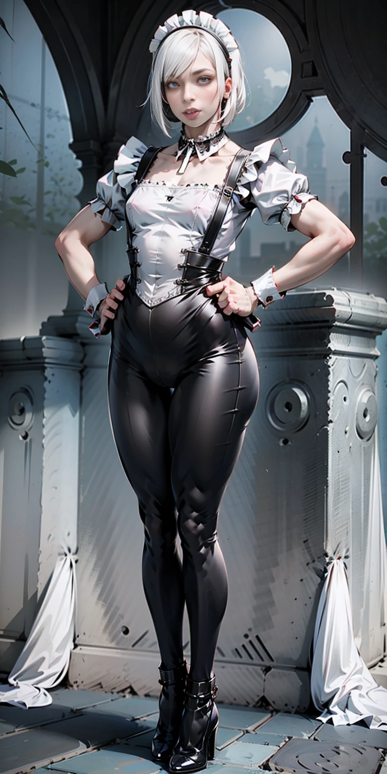 Tiffany Towers white hair, short bob hair, pinched eyes, thin legs, thin body, leather collar, victorian maid outfit, full body standing symmetrical, hands on hips, wide hips, view from below