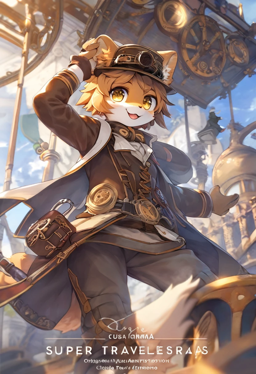 cover_page, highres, top quality, best quality, paid reward available, High-quality illustrations, unparalleled masterpiece, perfect artwork, absurdres, figma, super high resolution, detailed background, Steam punk, Beautiful World Heritage, boys, Happy, joyful(Photos of solo travelers)(kemono, furry anthro)cinematic lighting, dynamic angle,