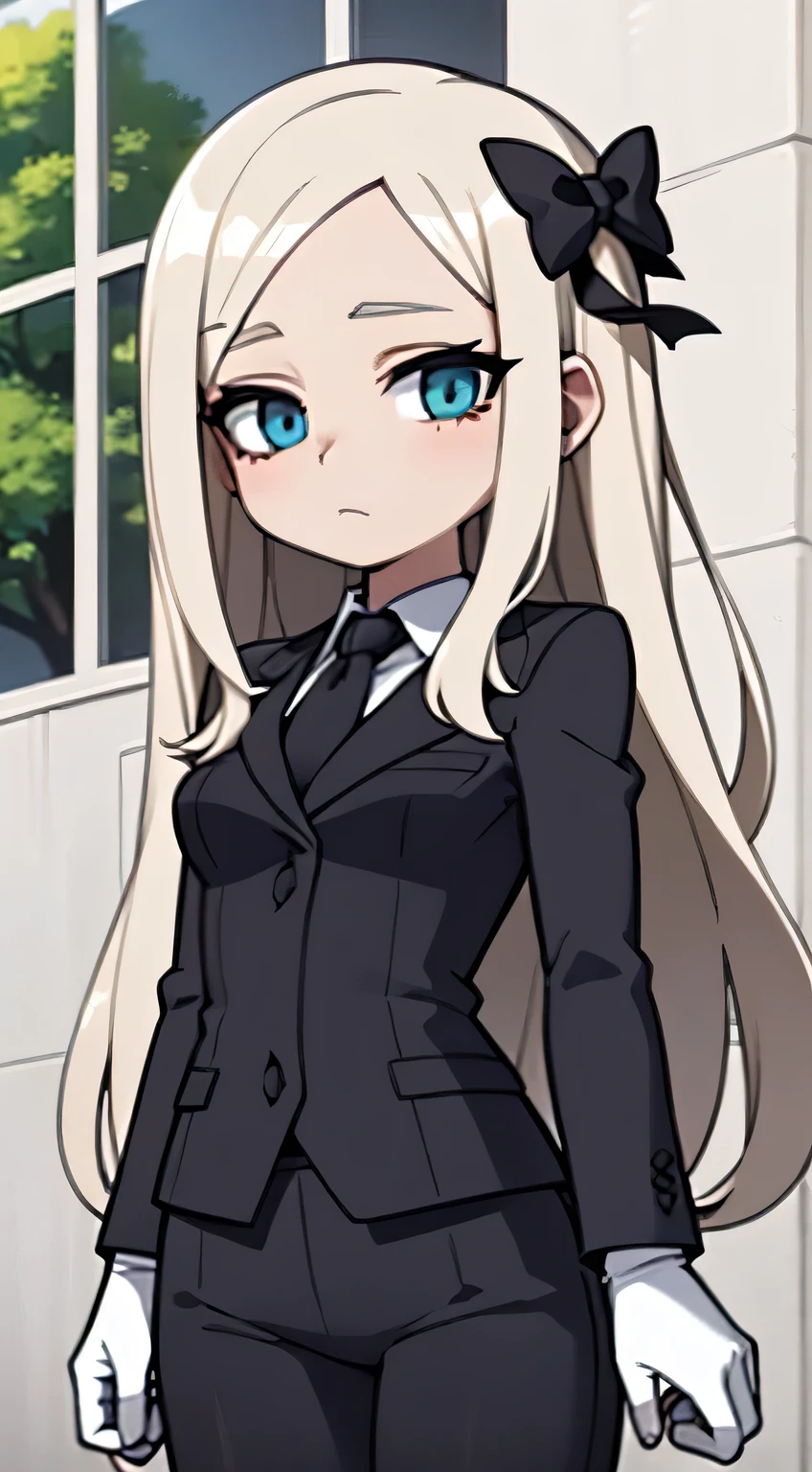 best quality, masterpiece, highres, solo, {black suit:1.40}, {black pants:1.40}, {tie:1.20}, {brown trench coat:1.20}, {sunglasses:1.25}, {white gloves:1.15}, {white shirt:1.10}, {black skirt:1.15}, {smoking:1.20}, handsome, (young girl), (very very young girl), long_hair, bangs, parted_bangs, blonde_hair, bow, blue_eyes, orange_bow, black_bow, forehead, hair_bow, blush, polka_dot, polka_dot_bow, very_long_hair, breasts, small_breasts, multiple_hair_bows