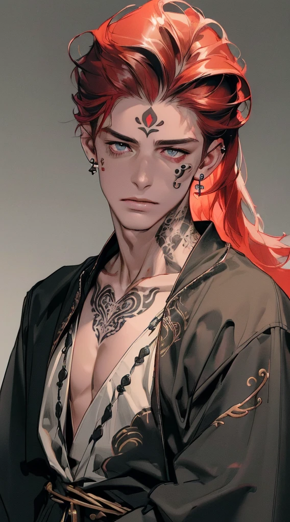 (((8K, RAW photos, Best quality, tmasterpiece: 1.4))), Ultra-high resolution, ultra - detailed, lamplight, Close-up cleavage, Handsome men, gold eyes, (Detailed eyes, The eyes are bright:1.2), Medium long red hair:1.2, pale-skinned, ear piercings, dark, Blackn clothes, Meticulous clothes, gold accessories on clothes, (perfect anatomia:1.2), Highqualityshadow, natural  lightting, (White highlights:1.2), natta, overcast day, (Facial tattoos:1.2), (starrysky:1.2)