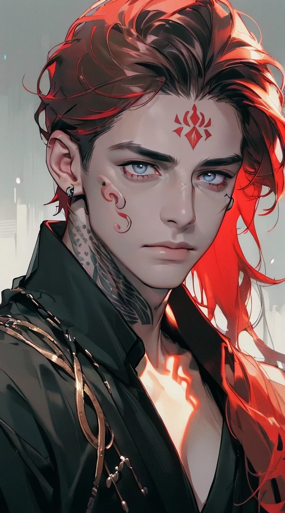 (((8K, RAW photos, Best quality, tmasterpiece: 1.4))), Ultra-high resolution, ultra - detailed, lamplight, Close-up cleavage, Handsome men, gold eyes, (Detailed eyes, The eyes are bright:1.2), Medium long red hair:1.2, pale-skinned, ear piercings, dark, Blackn clothes, Meticulous clothes, gold accessories on clothes, (perfect anatomia:1.2), Highqualityshadow, natural lightting, (White highlights:1.2), natta, overcast day, (Facial tattoos:1.2), (starrysky:1.2)