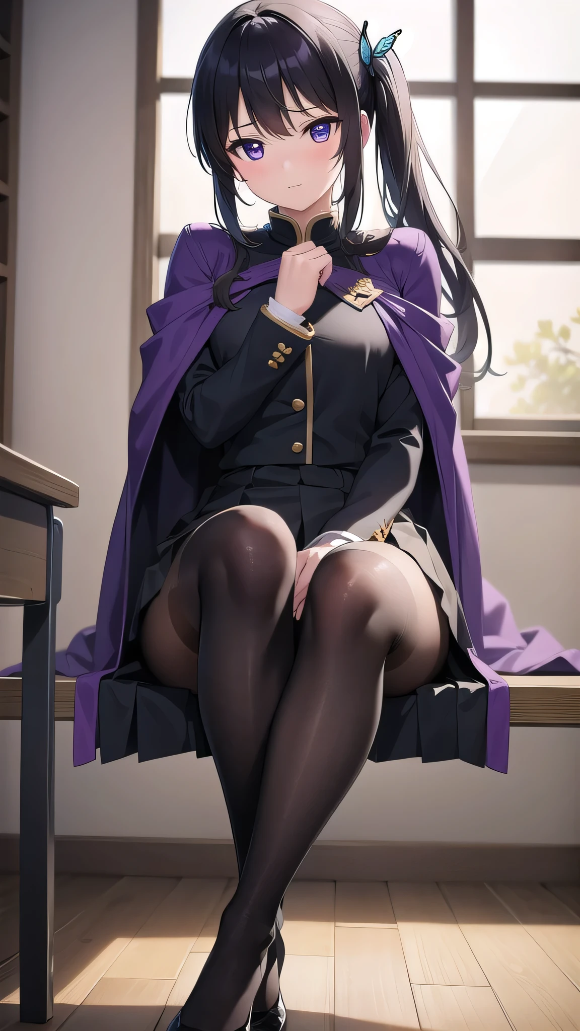 yaegashi nan, senran kagura, senran kagura burst, senran kagura new link, Ikaruga_XL, long black hair, blunt bangs, hime cut, dark blue eyes, large breasts,
Ikaruga_Shinobi, white military uniform, golden buttons, golden epaulettes, black shirt, purple tie, long sleeves, armband, white gloves, white pleated skirt, {{{black pantyhose}}}, classroom, Sitting at the school desk, Low Angle, Foot Focus, Perfect feet, Anatomically correct, kind smile, spoken heart, {{{vulgarity}}}, breath, heavy breathing, breathless, foot sweat, foot perspired, foot humid, looking down at viewer,