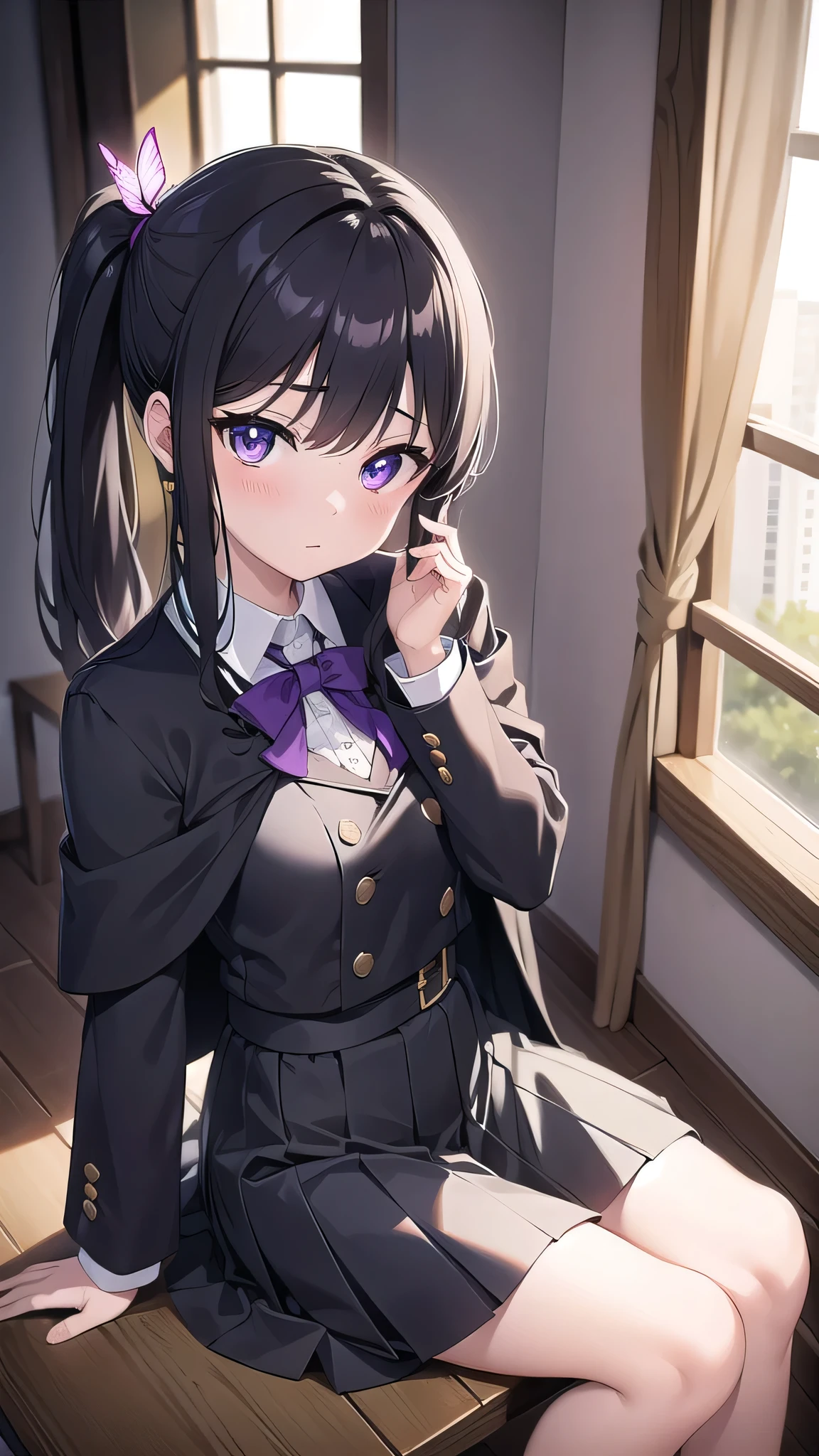 kanaotsuyuri, kanao tsuyuri, black hair, butterfly, butterfly hair ornament, (purple eyes:1.1), side ponytail, ponytail, 
BREAK black skirt, cape, demon slayer uniform, long sleeves, pleated skirt, skirt, white cape,
BREAK looking at viewer,
BREAK indoors, classroom,school,lights,
BREAK (masterpiece:1.2), best quality, high resolution, unity 8k wallpaper, (illustration:0.8), (beautiful detailed eyes:1.6), extremely detailed face, perfect lighting, extremely detailed CG, (perfect hands, perfect anatomy),pantyhose, sitting on desk, cross legs,from below,showing feet to camera,detailed feet, foot
