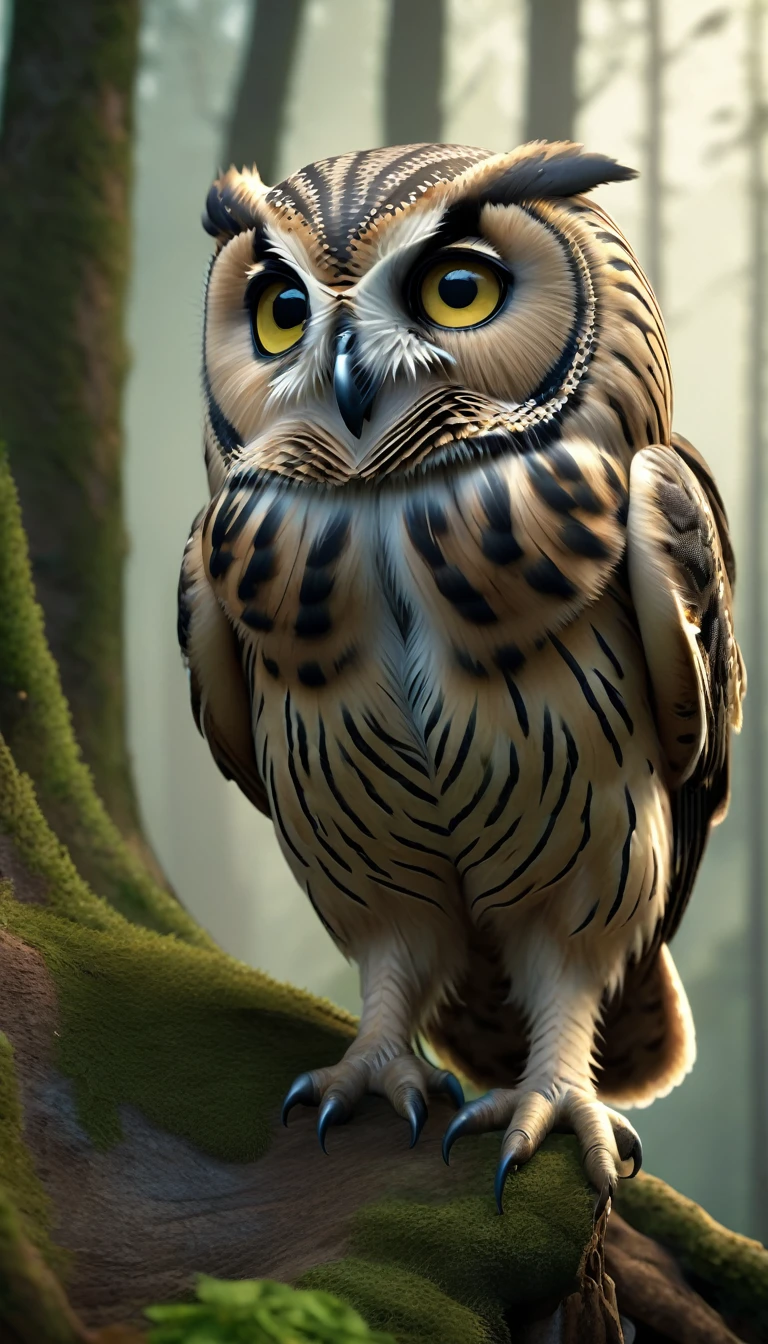 Mountains and forests，There is a kind of beast，Looks like an owl but has human hands(best quality，4K，8K，High level，masterpiece：1.2），Ultra Detailed，（lifelike，Photo real，Photo real：1.37），Highly detailed animals，Realistic lighting，Fantasy Creatures