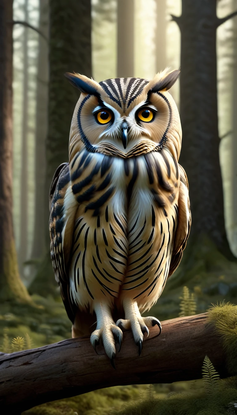 Mountains and forests,There is a kind of beast,Looks like an owl but has human hands(best quality,4K,8K,High level,masterpiece:1.2),Ultra Detailed,(lifelike,Photo real,Photo real:1.37),Highly detailed animals,Realistic lighting,Fantasy Creatures