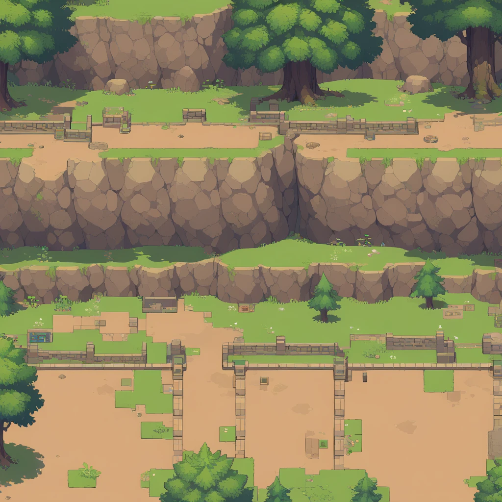 retro video game style,pixelated pastel colors,8-bit characters,blocky shapes,sharp lines,detailed shading,classic gaming vibe,nostalgic atmosphere,classic arcade games,masterpiece:1.2,ultra-detailed,illustration style, 2d texture, stone texture, 4 k seamless mud texture, video game texture, dirt texture, tileset, game tiles, grass, 3/4th perspective trees, cliff formation tileset, cliff texture tileset, 3/4th perspective forest, topdown view, game texture, game art, dirt, , tileable texture, top down view, 3/4th perspective