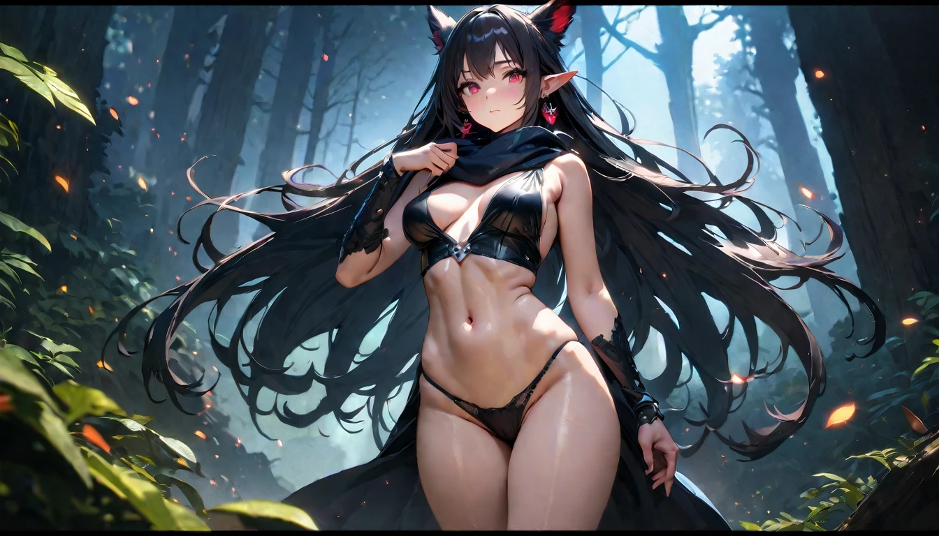 Best quality, masterpiece, A high resolution,,((masterpiece, top quality)), detailed face, masterpiece, Best quality, 1 adult woman, female focus, aboutдин, dark black hair, Bright red eyes, long hair, Looking at the viewer, closed mouth, Fantasy aesthetics, fantasy earring, very detailed, shadow universe style, Dark forest background, in the dark forest, elf ear, drow, black crimes, black scarf around the neck, Blue eyes , ultra detailed, beautiful and aesthetically pleasing, masterpiece, Best Quality Score, extremely detailed, ray tracing, Medium Body, close-up, High view, particles and hard light, cut corner. depth of field、natural soft light、professional lighting、aboutтличная улыбка、(highly detailed skin: 1.2)、Photorealistic render of an anime girl、Bright highlights of the eyes、Ideal Anatomy、Crotch open、shy、legs spread、Panties visible、Shiny body, oily, erectile nipple))、permission 8k、complex parts、Toned waist、Wide buttocks、Эффект Тиндаллаmasuter piece、top quality、Highest standards、Highest image quality、table、complex parts、A high resolution、depth of field、natural soft light、professional lighting、about, standing, very long hair, cowboy shot, brilliant, brilliant hair, (night:1.2),Dreamy, [[gentle fingers and hands:0.55]::0.85],(detailed fingers),),(emotional),(breathtaking),(main part:1.2) whole body.), (Anime Style), (Super Detailed), (brutal), (uhd, HDR), (8K), (High Resolution: 1.2), (Complex and Beautiful: 1.2)