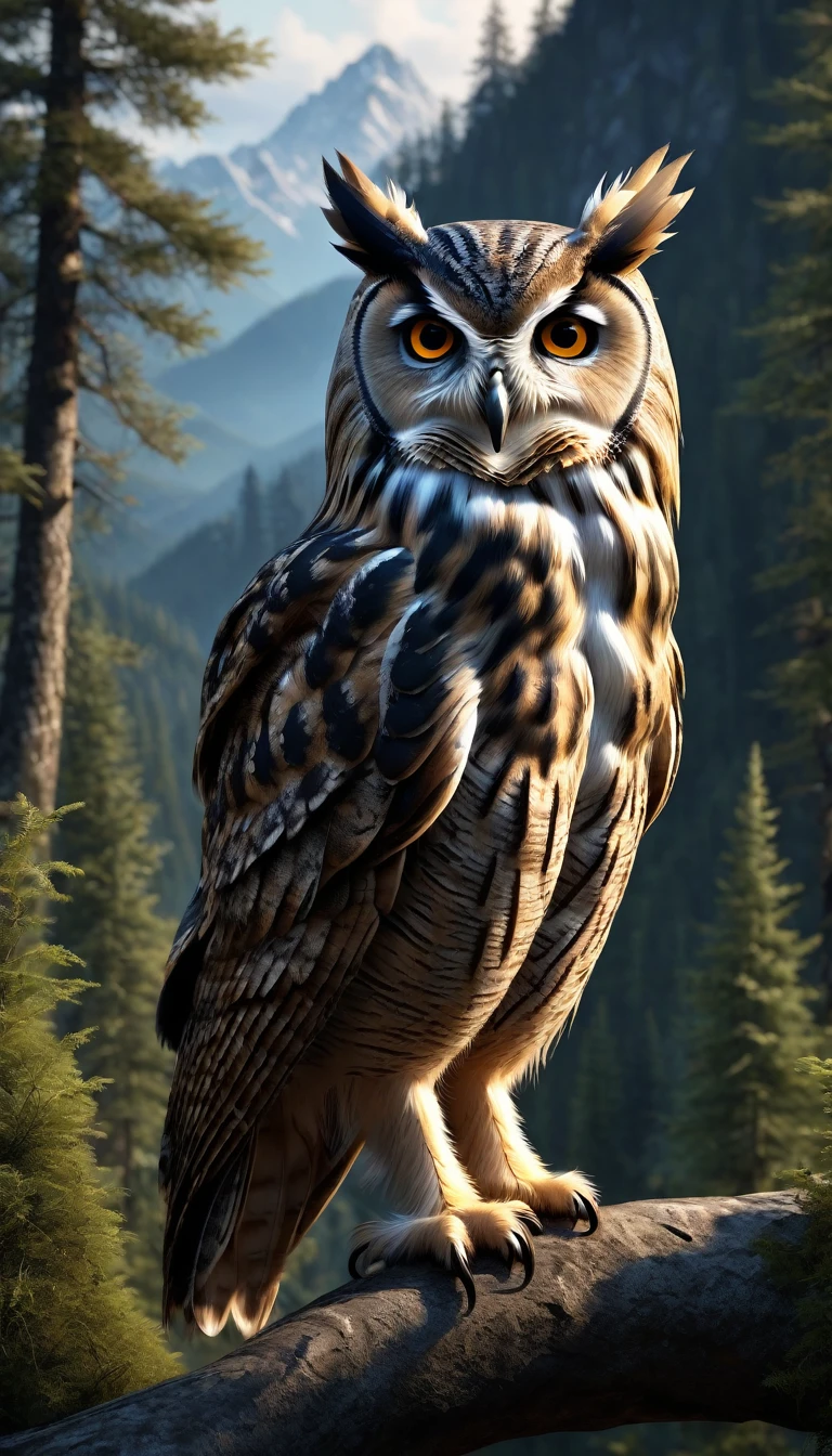 Mountains and forests,There is a kind of beast,Looks like an owl but has human hands(best quality,4K,8K,High level,masterpiece:1.2),Ultra Detailed,(lifelike,Photo real,Photo real:1.37),Highly detailed animals,Realistic lighting,Fantasy Creatures