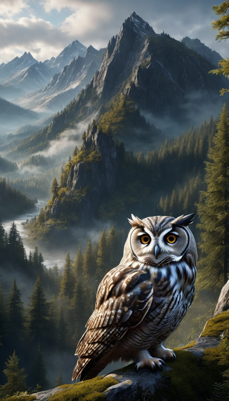 Mountains and forests,There is a kind of beast,Looks like an owl but has human hands(best quality,4K,8K,High level,masterpiece:1.2),Ultra Detailed,(lifelike,Photo real,Photo real:1.37),Highly detailed animals,Realistic lighting,Fantasy Creatures