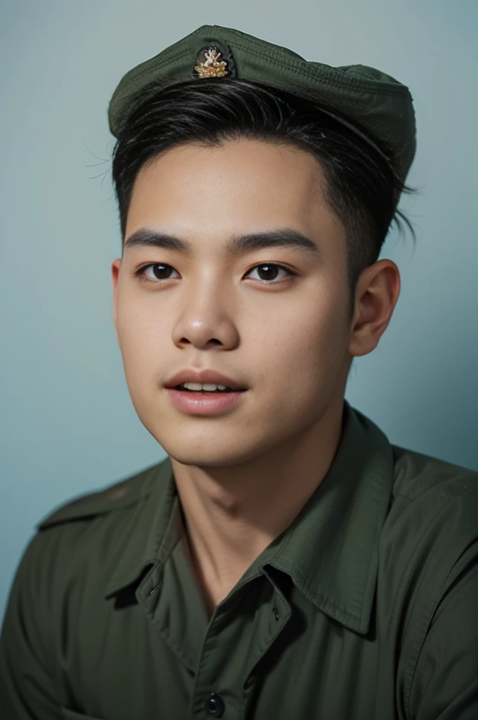 Highly realistic photo, ((masterpiece), (best quality), (raw photo), (photorealistic:1.4), A young Vietnamese soldier from 1954, ((black hair)), wearing a green uniform, ((light blue background)), photo taken by Sony A7IV
