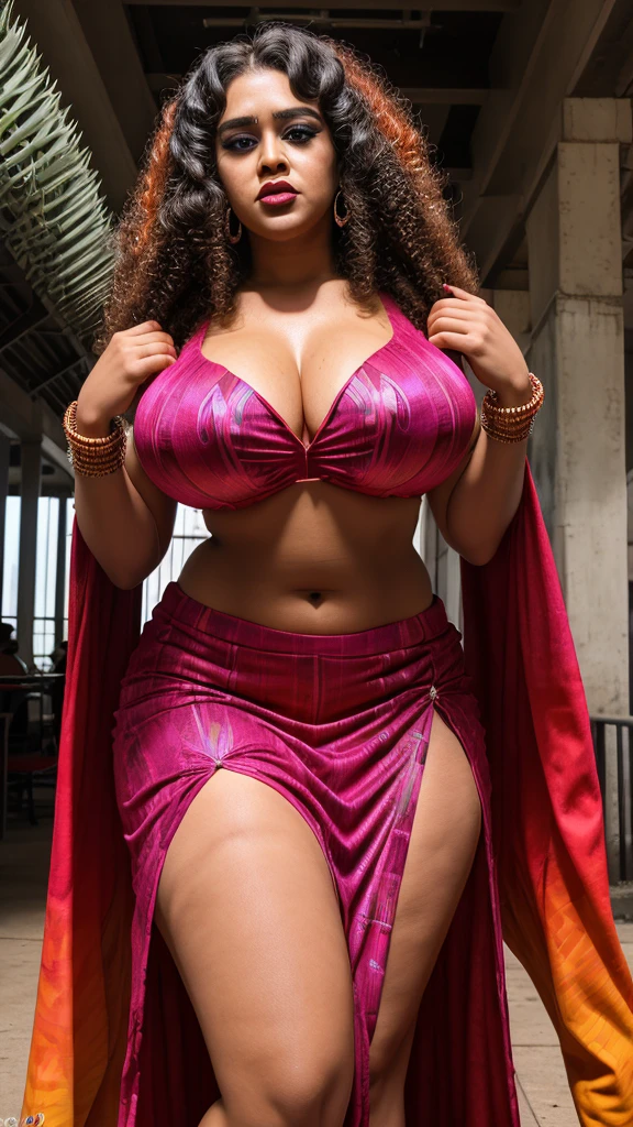 Gorgeous 25-year-old goddess, BBW, solo. 8k, ultra-high regulation, sharp focus, cinematic. Perky breasts, heavy body, deep eyeliner, voluminous curly hair. Wearing a vibrant Slit Skirt Lehenga, directly engaging with the camera.