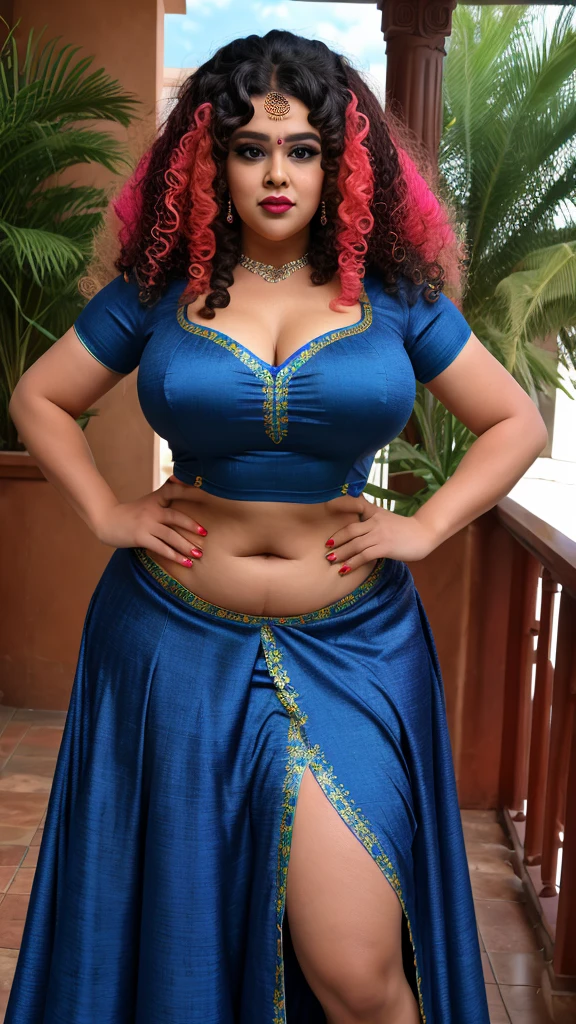 Gorgeous 25-year-old goddess, BBW, solo. 8k, ultra-high regulation, sharp focus, cinematic. Perky breasts, heavy body, deep eyeliner, voluminous curly hair. Wearing a vibrant Slit Skirt Lehenga, directly engaging with the camera.