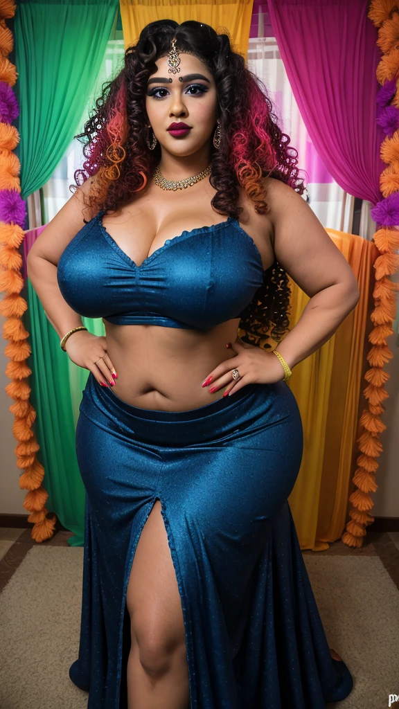 Gorgeous 25-year-old goddess, BBW, solo. 8k, ultra-high regulation, sharp focus, cinematic. Perky breasts, heavy body, deep eyeliner, voluminous curly hair. Wearing a vibrant Slit Skirt Lehenga, directly engaging with the camera.