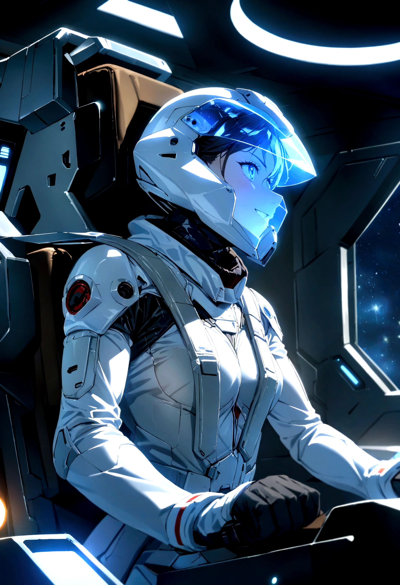 gundamwingcockpit, Woman piloting in cockpit, intricate detail, Highly Detailed beautiful and aesthetic, amazing quality, (masterpiece), (high quality), wallpaper 8K CG, high resolution, extremely detailed, photorealistic, 1 girl, extremely beautiful detailed face and eyes, grin, Beautiful detailed gemological eyes, White full-face helmet with transparent face guard, beautiful detailed face in helmet, white space suit, A magnificent universe of twinkling stars, Beautiful space view from the cockpit, countless stars, innumerable stars, grand space, delicate background, luminous particles, complex details,