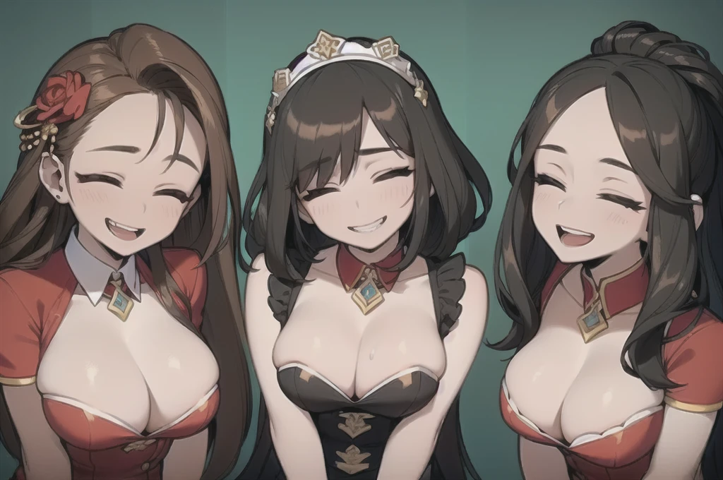 three sexy women who are wives of boy, looking at camera, closed eyes, happy opened mouths, portrait, various hair, dominatrix outfits