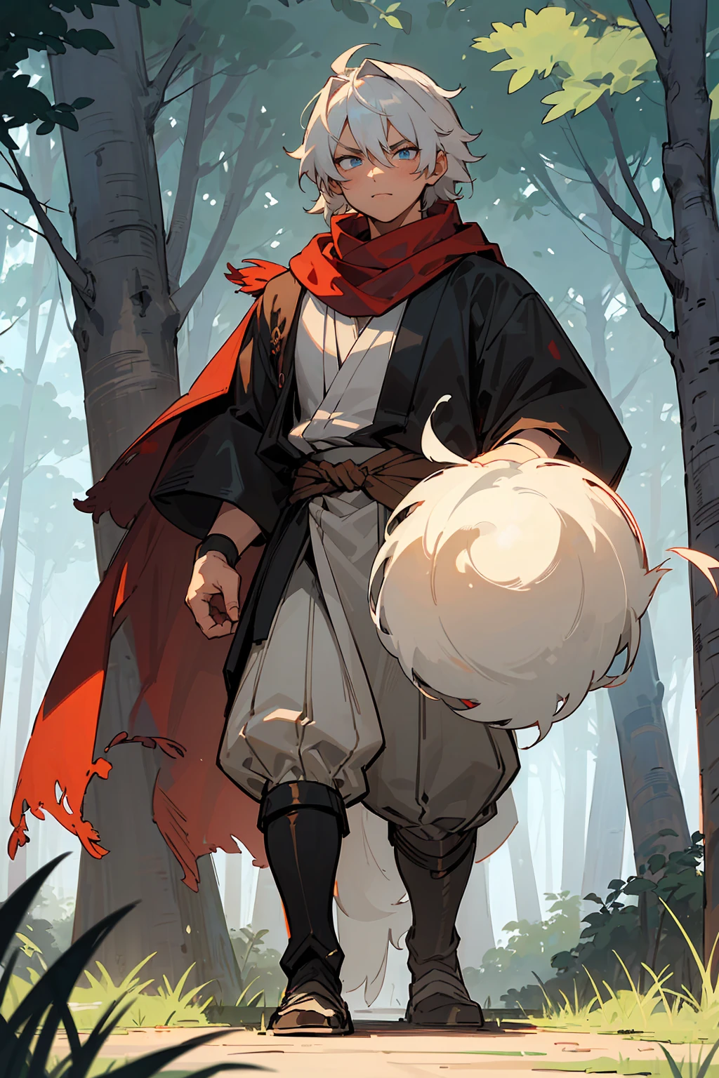 ((masterpiece,best quality,1male,male focus,masculine,solo,closed mouth,teenager,muscle,muscular)),((((white hair,short messy hair)))),((pale blue eyes,perfect eyes,glowing eyes,perfect face,serious demeanor)),(((black skin,dark skin color,standing still,caramel skin color,white haori,tattered red scarf,demon slayer outfit))),((forest background,trees,walking on path,grass))
