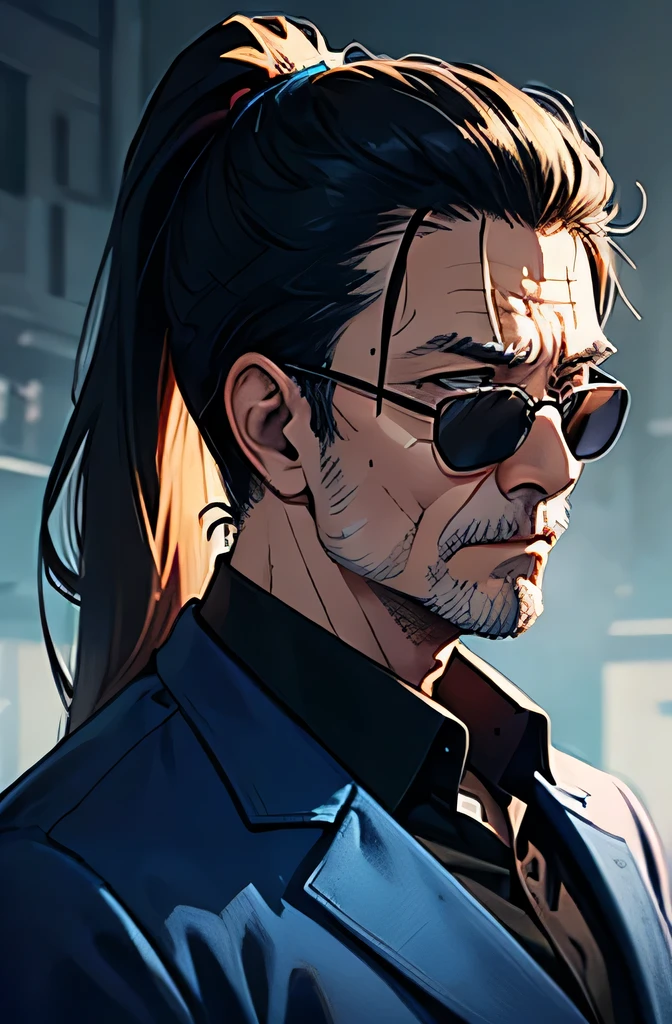 Portrait, solo, Old man, old, grandfather, adult, black long hair, ponytail, scar in eye, black glasses , blue jacket, charismatic, leader, aura, 