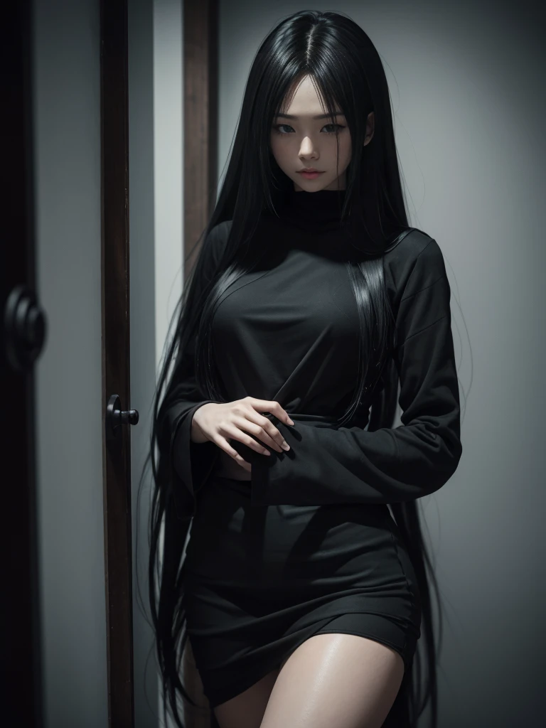 high angle american shoot, ultra-realistic textures, sensual style, a sinister but attractive humanoid puppet, Slim and creepy Sadako Yamamura style from The ring, scary pale grayish face, very long and straight black hair, wearing a shabby outfit with a black miniskirt, black leggings and a thin black sweater very tight ghostly appearance, skin of the face with cracks, in a dark house in the dark foggy night