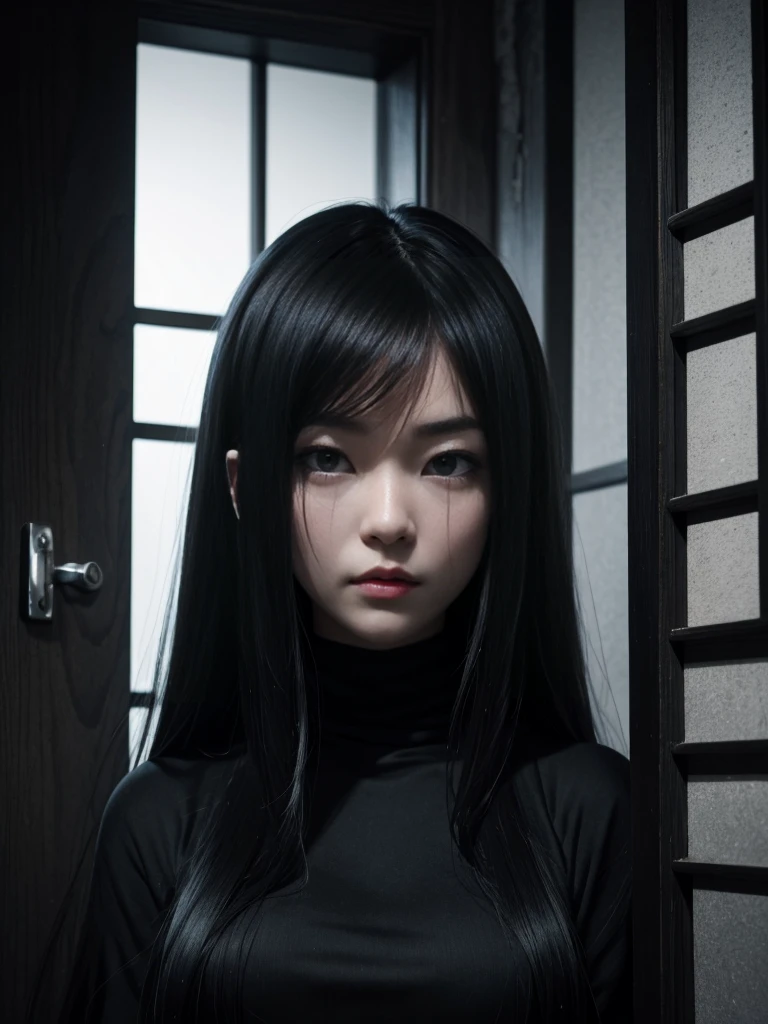 high angle american shoot, ultra-realistic textures, sensual style, a sinister but attractive humanoid puppet, Slim and creepy Sadako Yamamura style from The ring, scary pale grayish face, very long and straight black hair, wearing a shabby outfit with a black miniskirt, black leggings and a thin black sweater very tight ghostly appearance, skin of the face with cracks, in a dark house in the dark foggy night