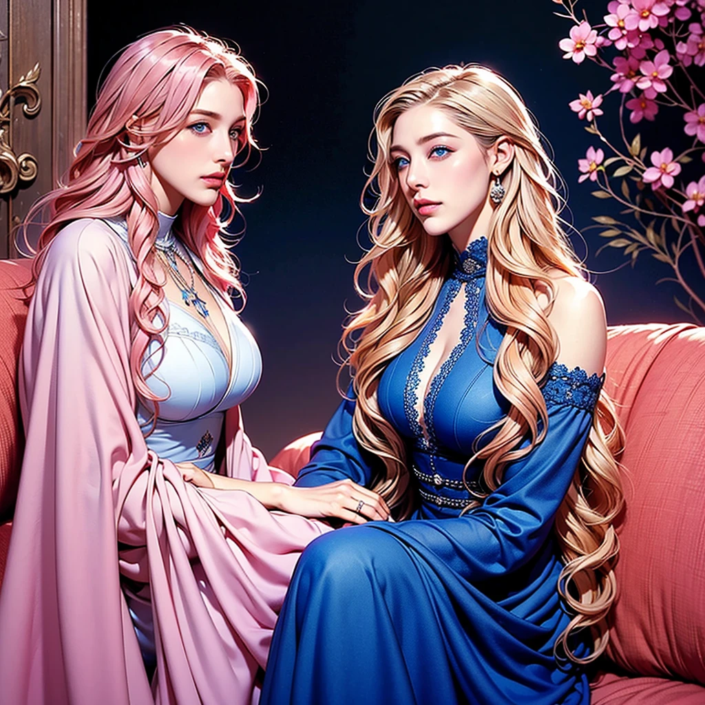 The man, male, boy, has short blond hair, next to the woman. The woman, has long curly hair, very long hair, pink hair and blue eyes, sitting next to the man, just 1 man and 1 woman.