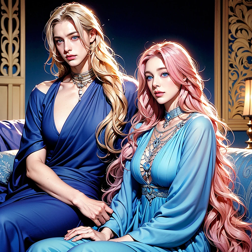 The man, male, boy, has short blond hair, next to the woman. The woman, has long curly hair, very long hair, pink hair and blue eyes, sitting next to the man, just 1 man and 1 woman.