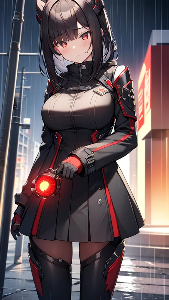 1 Japanese girl, Warframe, Complex Pattern, Heavy Metal, Energy Line, Faceless, Glowing Eyes, elegant, intense, Blood red and black uniform, alone, Modern, city, street, Dark Clouds, thunderstorm, heavy rain,, Dramatic lighting,, (masterpiece:1.2), Highest quality, High resolution,   Beautiful details, Very detailed, Perfect lighting,