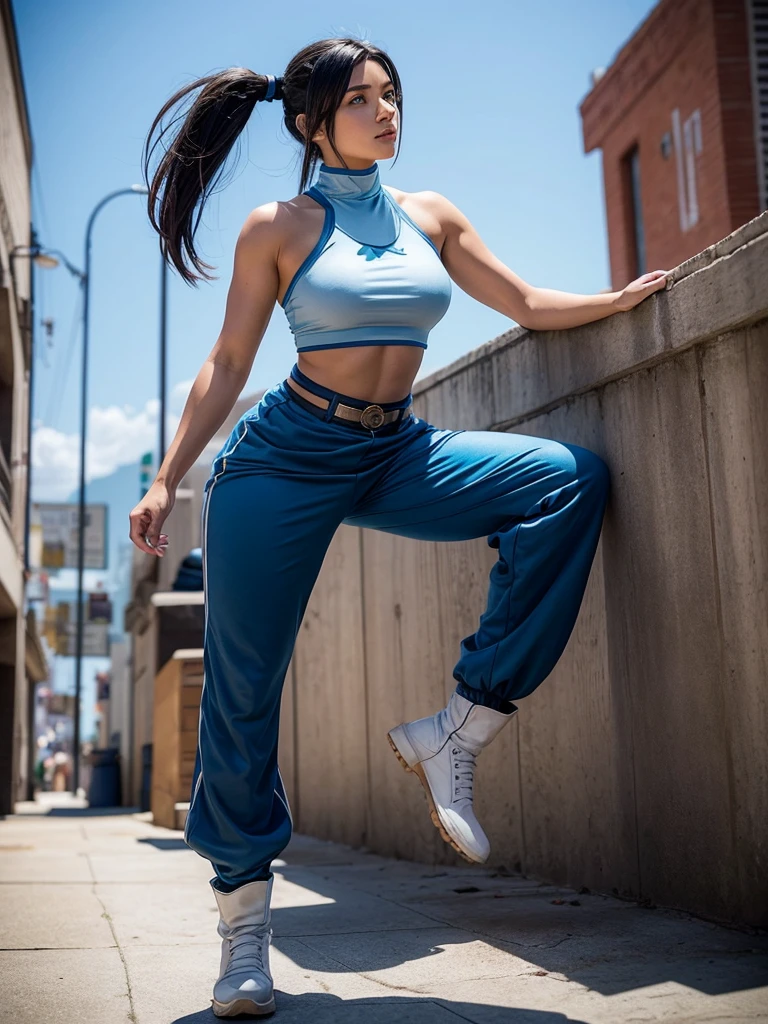 Korra from the legend of korra, wearing high neck top and baggy pants and high boots beautiful and bold ,having big blue eyes , gorgeous look and black overhead pony tail hair