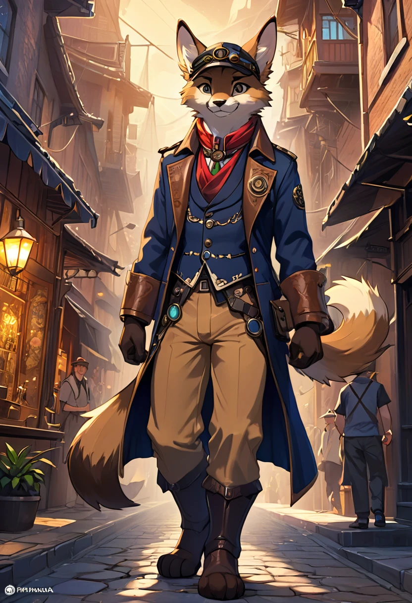 cover_page, highres, top quality, best quality, paid reward available, High-quality illustrations, unparalleled masterpiece, perfect artwork, absurdres, figma, super high resolution, detailed background, Steam punk, Beautiful World Heritage, boys, Happy, joyful(Photos of solo travelers)(kemono, furry anthro)cinematic lighting, dynamic angle,