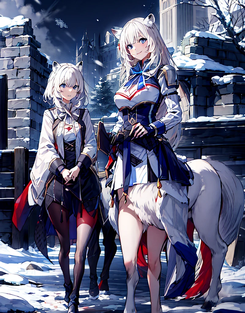 [[[ ultra-detailed, best quality, soft skin, beautiful, 4K]]] white hair, blue eyes, tied-up hair, slender body, dynamic angle, chainmail, white armor, white fox ears, calm expression, female, snowy palace gardens background, serious expression. walking angle, ((little horny smile)) to masch them über hugest big huge massive largest bigger biggest breasts 