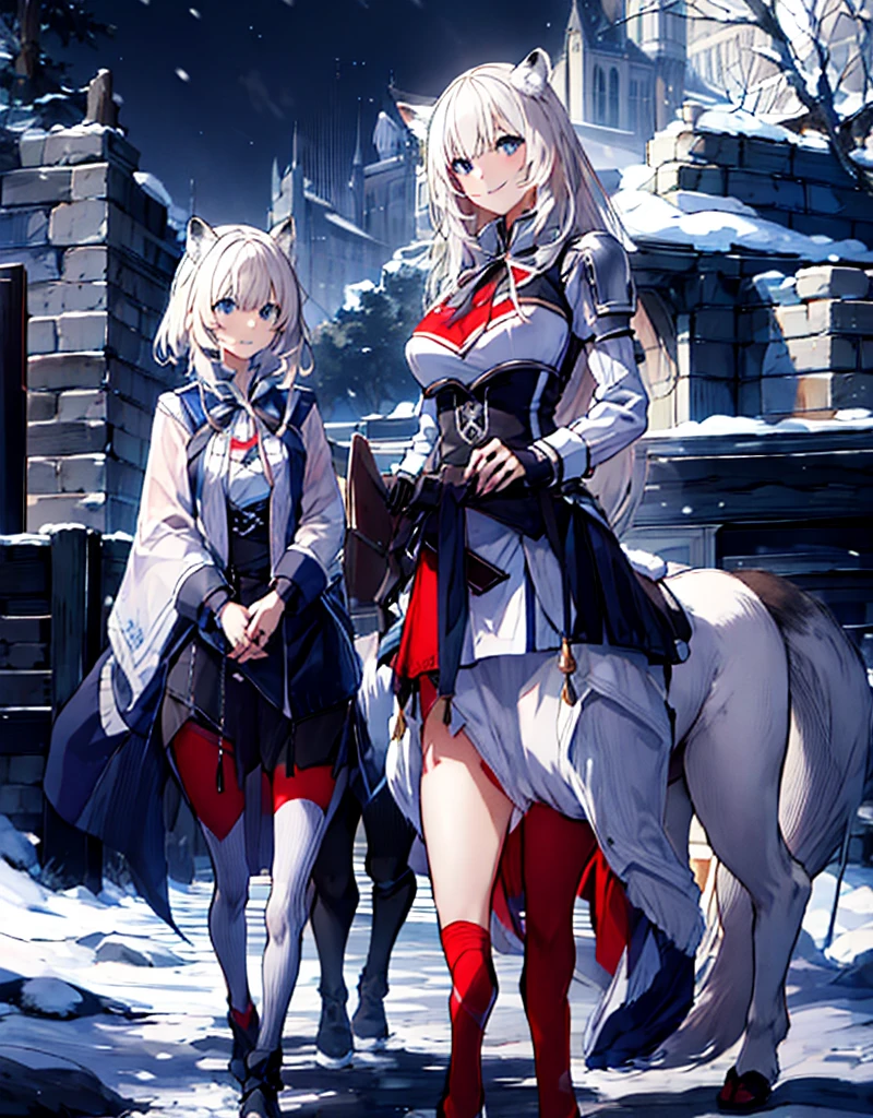 [[[ ultra-detailed, best quality, soft skin, beautiful, 4K]]] white hair, blue eyes, tied-up hair, slender body, dynamic angle, chainmail, white armor, white fox ears, calm expression, female, snowy palace gardens background, serious expression. walking angle, ((little horny smile)) to masch them über hugest big huge massive largest bigger biggest breasts 