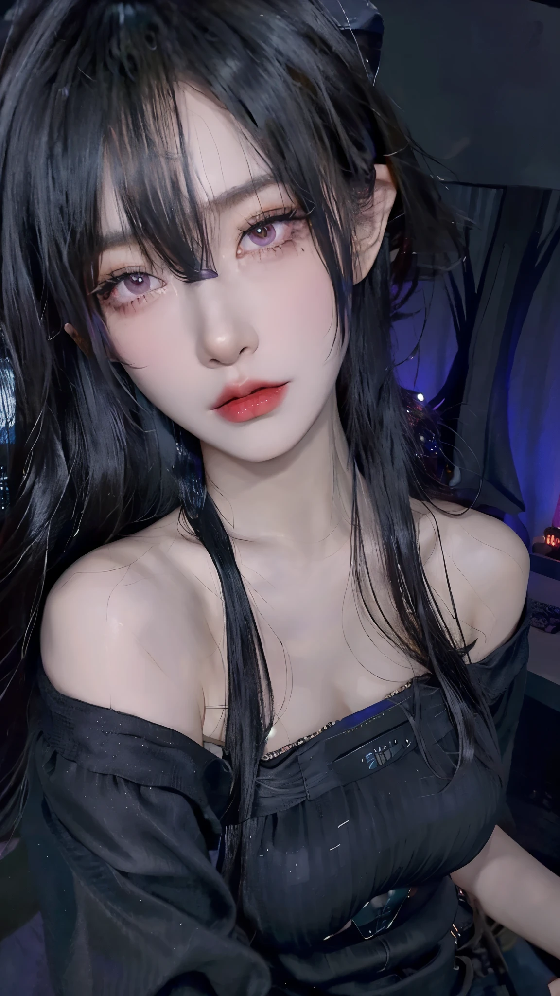 4k ultra high definition、best quality, masterpiece, Ultra-high resolution, (Reality: 1.4),  1 girl, Purple Eyes, Off-the-shoulder sweater dress, Light、purple and black hair、(My girl、My cosmetics)、(Danteidong、Large Breasts、Oversized off-the-shoulder black T-shirt、Dark miniskirt)、((Dark Makeup、Oily skin,有Light泽的皮肤、Realistic skin texture、Delicate and beautiful skin、容Light焕发的皮肤)), Dark city center at night、Kabukicho、Dark cyberpunk、(panoramic:1.8)