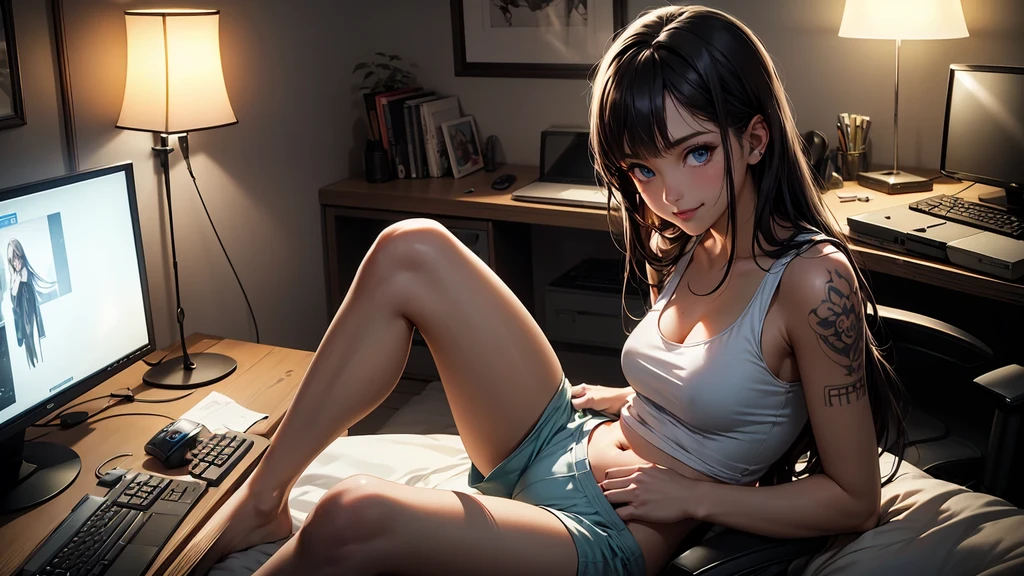 Create a high-quality, detailed image of a beautiful, anime lofi girl with long hair, bright blue eyes, and a smile, sitting at her gaming PC in her cozy room. She has tattoos and wears a sexy see through tank top, showing her midriff with sleep shorts. The warm, inviting scene includes soft ambient lighting, comfortable seating, and a high-end PC setup with multiple monitors and RGB lighting. The setting is illuminated by a small lamp, creating a serene and intimate atmosphere (HIGH QUALITY)
