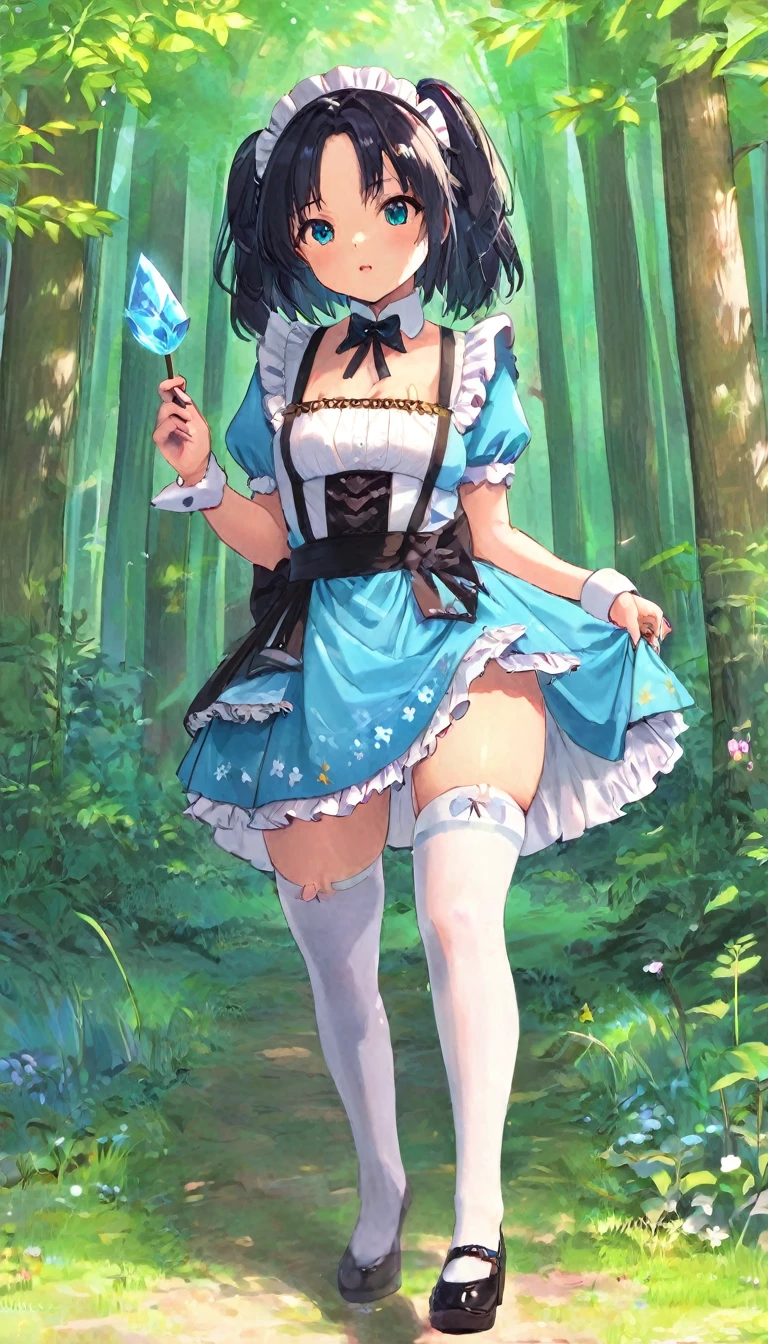 anime girl in a blue dress and white stockings standing in a forest, a sexy maid in a magical forest, a maid in a magical forest, cushart krenz key art feminine, alice x. zhang, yoshitakka amano karol bak, rossdraws cartoon vibrant, extremely detailed artgerm, anime fantasy artwork, anime fantasy illustration