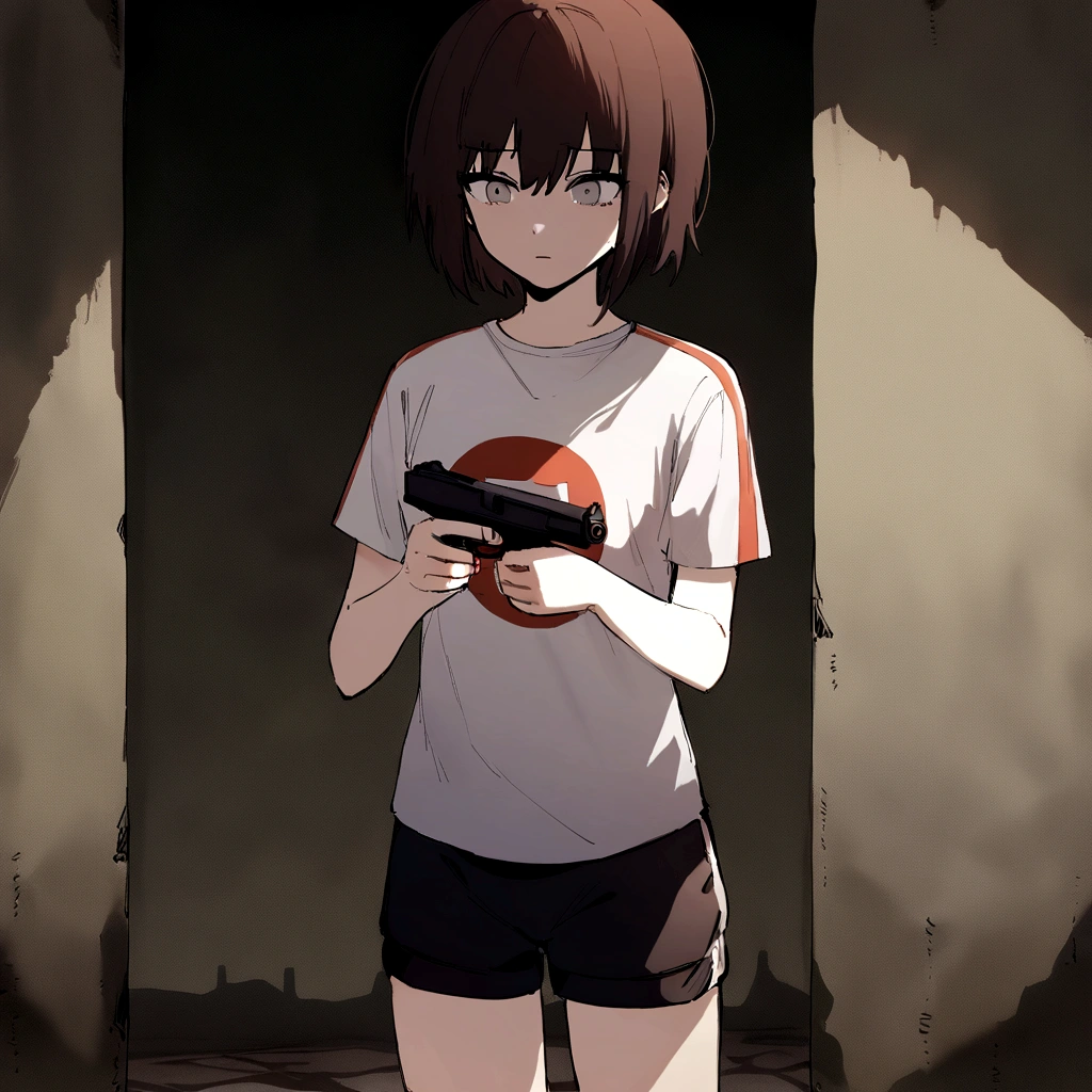 make me a girl, 16yo, sporty shirt and sporty shorts, gun in her hands, neutral face, dark brown short hair, grey eyes