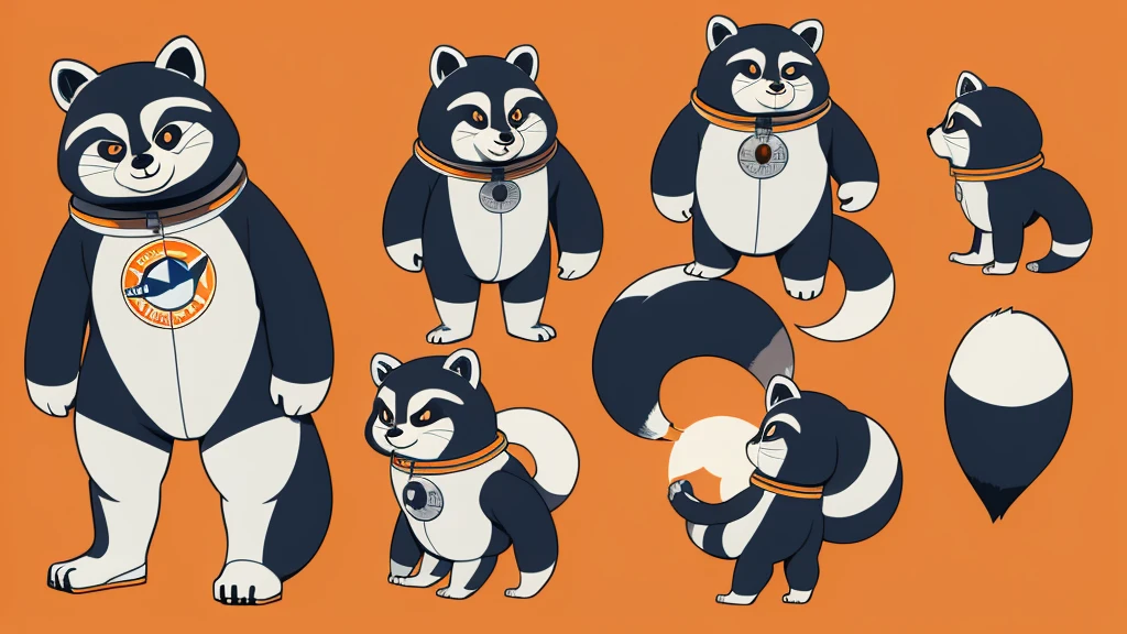 "Draw the animal raccoon wearing an astronaut suit in an anime chibi style. The astronaut suit should have orange details and a retro art deco design, slightly oversized to emphasize the chibi style. Create a character design sheet with the raccoon in different poses and from different angles, wearing sneakers."
