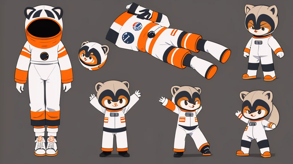 "Draw the animal raccoon wearing an astronaut suit in an anime chibi style. The astronaut suit should have orange details and a retro art deco design, slightly oversized to emphasize the chibi style. Create a character design sheet with the raccoon in different poses and from different angles, wearing sneakers."