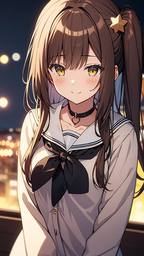 Ichige style, One girl, alone, Brown Hair, heart, hair ornaments, , Side Ponytail, smile, View your viewers, neckerchief, Upper Body, heart hair ornaments, cardigan, Sailor collar, Seraphim, black Sailor collar, bangs, Yellow Eyes, Mouth closed, Long Hair, Brown eyes, purple neckerchief, Striped background, clavicle, Striped, Polka dot pattern, star (symbol)
