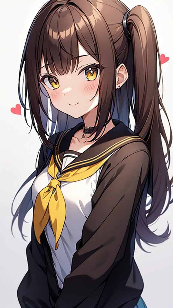 Ichige style, One girl, alone, Brown Hair, heart, hair ornaments, , Side Ponytail, smile, View your viewers, neckerchief, Upper Body, heart hair ornaments, cardigan, Sailor collar, Seraphim, black Sailor collar, bangs, Yellow Eyes, Mouth closed, Long Hair, Brown eyes, purple neckerchief, Striped background, clavicle, Striped, Polka dot pattern, star (symbol)