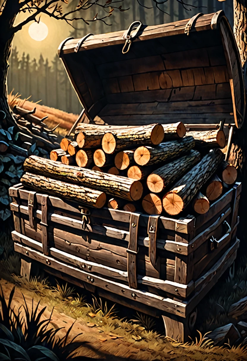 (a close-up) from the back of a farmer's trunk holding a bunch of logs, dark fantasy paper style from the 70s, with intense painting and a german romantic style, shadows and spectacultar lighting
