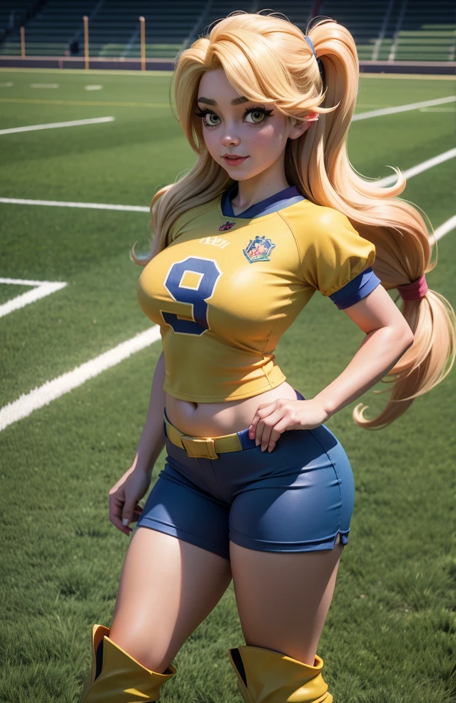 Applejack equestria Girl applejack,My little pony applejack,curvy , hiperrealista,chica rusa, cabello largo, cuerpo caliente,old applejack, football uniform showing navel and short pants, covered erect nipples, high socks, football boots, football field.