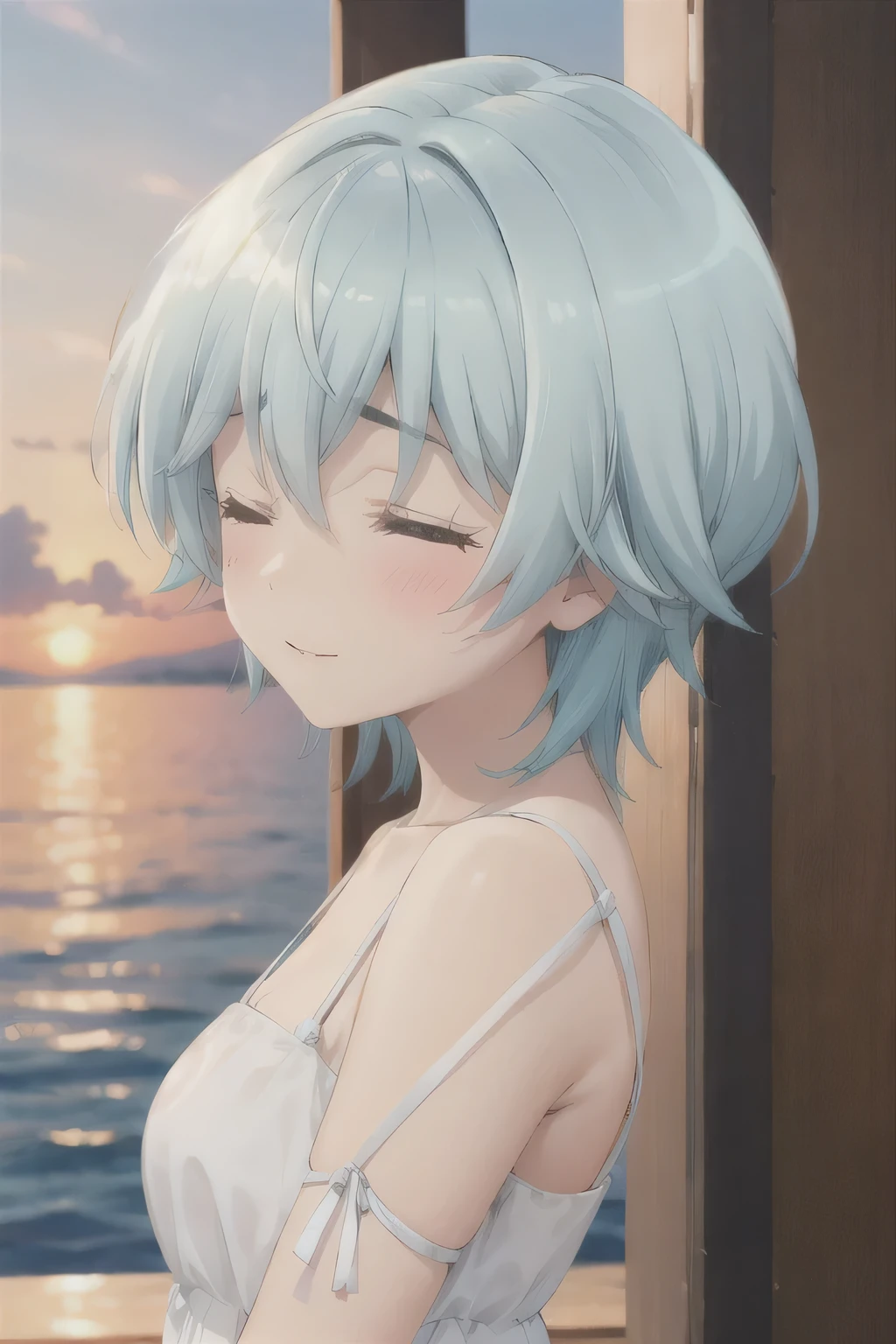 Shyness with eyes closed,Sunset,White Dress,Blue Hair,cute,Slightly blush,