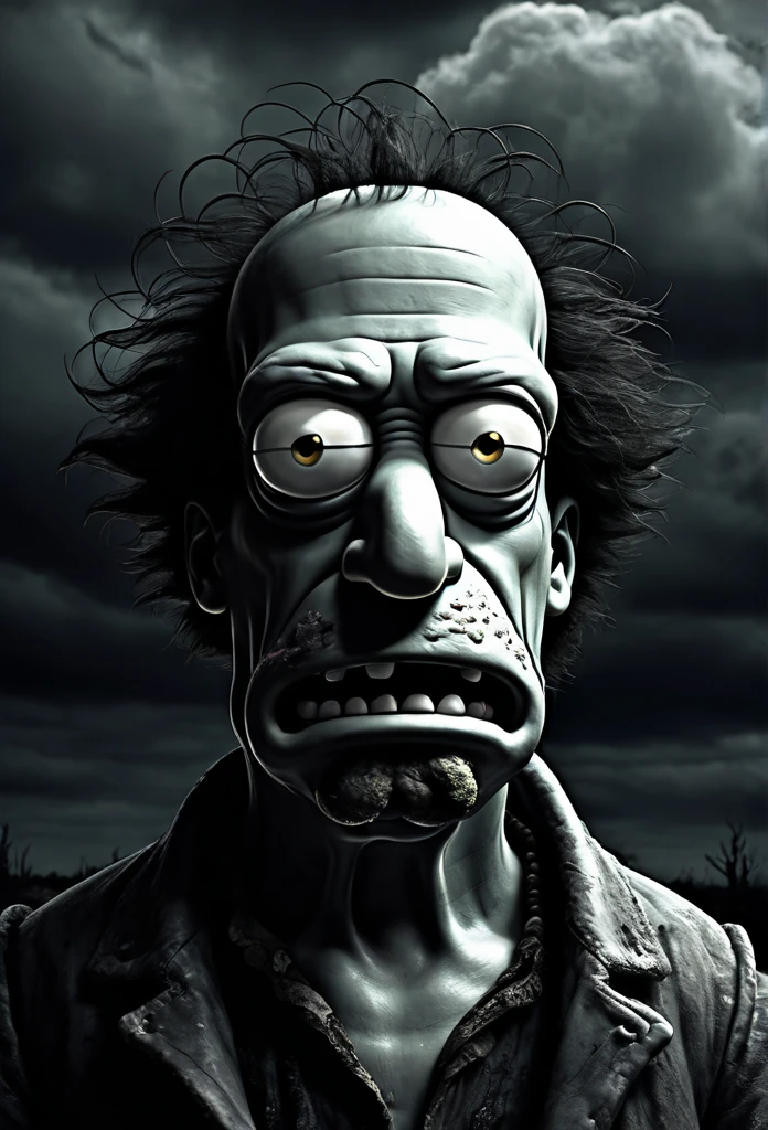 Close-up of ((Homer Simpson:1.3)), in a dark_fantasy style inspired by Tim Burton, portrayed as an apocalyptic zombie. Homer has ({pale and decomposing skin:1.5}), with ({empty and dark eyes:1.4}), and ({grotesque and stylized details:1.3}) typical of Tim Burton's style. The ({angular and shaded lines:1.4}) accentuate Homer's ({macabre and desolate expression:1.3}). The background is ({dark and cloudy:1.4}), highlighting the ({figure in the foreground:1.3}) with ({dramatic and contrasting illumination:1.4}). | Artistic style inspired by ({dark_fantasy and Tim Burton:1.8}), with ({dark color palette and detailed textures:1.5}) that capture the ({dark and surreal atmosphere:1.4}). The image conveys a ({sense of horror and despair:1.5}), with ({vivid details in the decomposition and expression of Homer:1.4}).