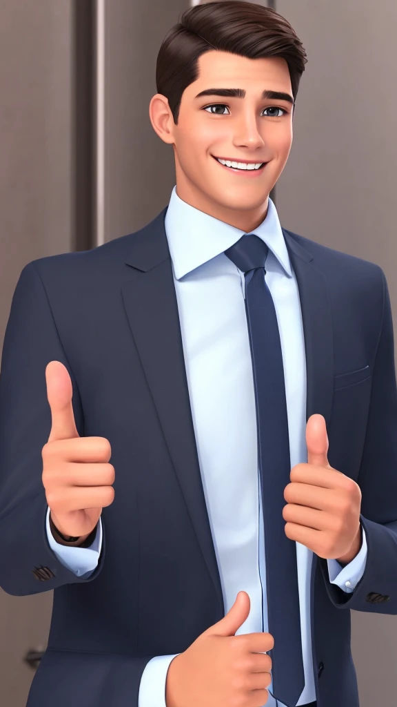 Young man with dark hair, brown eyes, wearing dark blue business clothes, smiling, showing thumb up, realistic, cartoon style