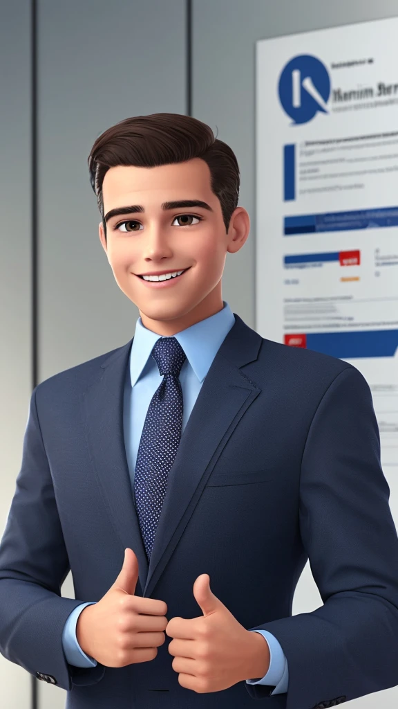 Young man with dark hair, brown eyes, wearing dark blue business clothes, smiling, showing thumb up, realistic, cartoon style